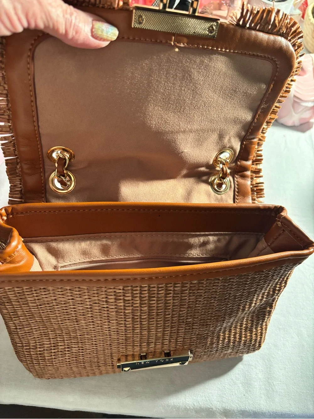 Woven Tan Crossbody Bag with Gold Chain Strap